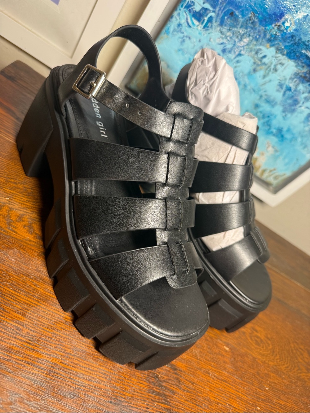 Madden Girl “Gennesis” Lug Sole Black Chunky Platform Fisherman Cage Sandals
